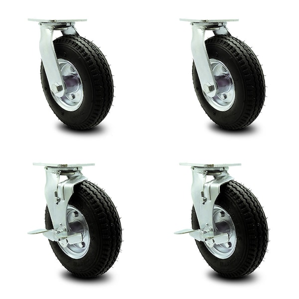 8 Inch Black Pneumatic Wheel Caster Swivel with Swivel Locks 2 with Brakes, 4PK